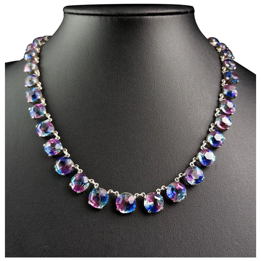 Vintage Art Deco sterling silver and Iris glass riviere necklace