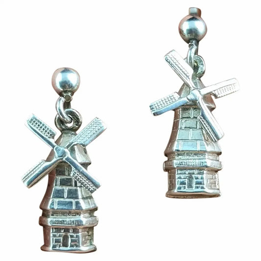 Vintage novelty silver windmill earrings, articulated