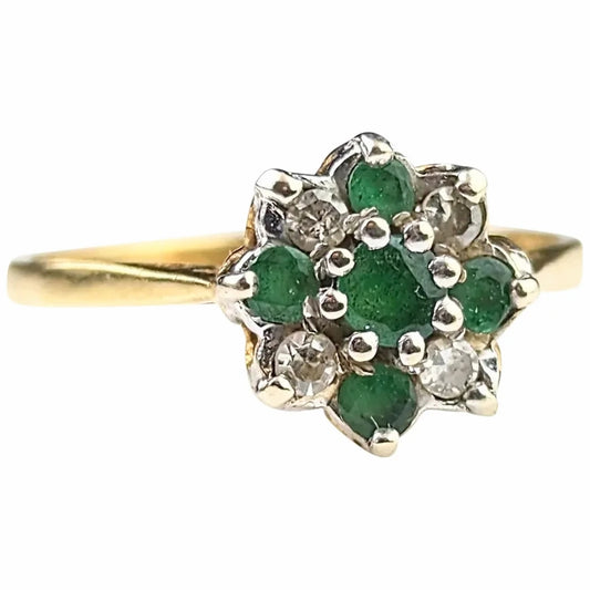 Vintage Emerald and Diamond floral cluster ring, 18ct gold