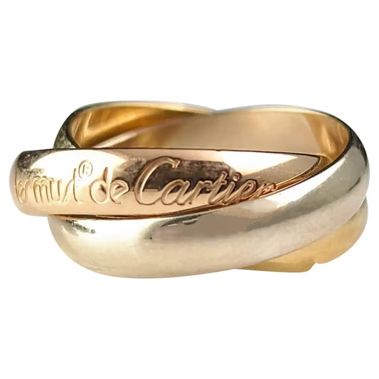 Vintage Les Must de Cartier Trinity band ring, tri colour 18ct gold, boxed