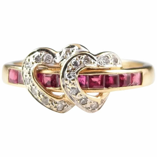 Vintage Ruby and Diamond double love heart ring, 14ct gold