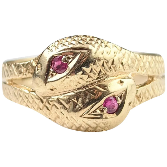 Vintage double snake ring, 9ct gold, ruby, Victorian style