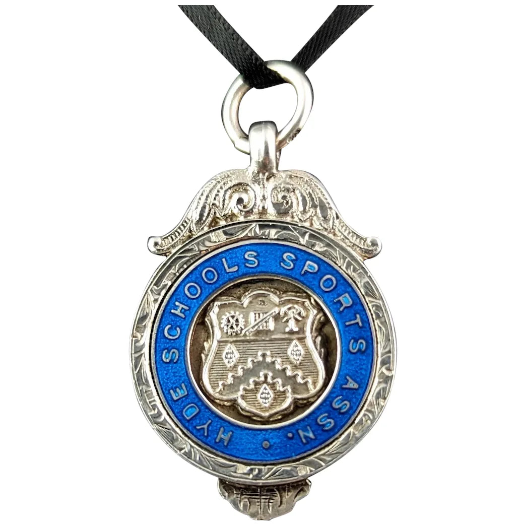 Vintage Sterling silver and blue enamel fob pendant, Art Deco