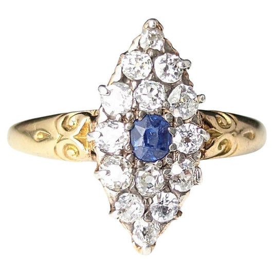 Antique Sapphire and Diamond navette ring, 18ct gold, Victorian