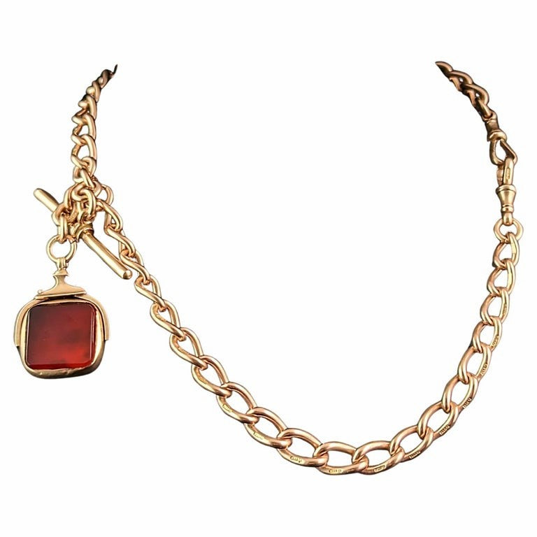 Antique 9ct Rose gold Albert chain, watch chain necklace, Carnelian swivel fob
