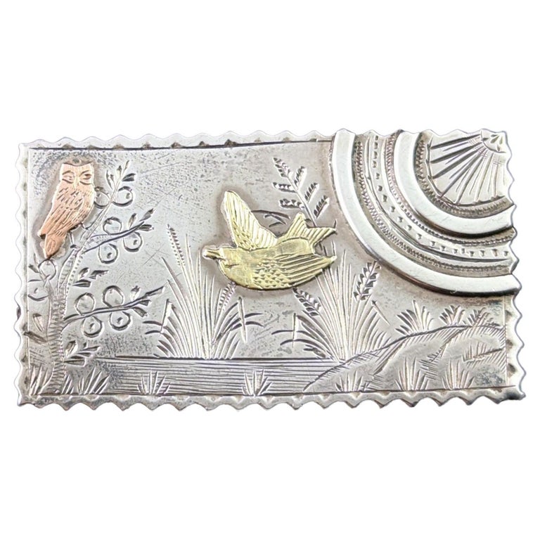 Antique Aesthetic locket brooch, Owl and Swallow, Sterling silver