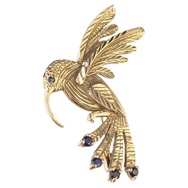 Vintage 9ct gold Sapphire bird brooch, Hummingbird