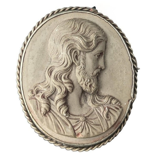 Rare Antique Lava Cameo brooch depicting Jesus, Silver mount