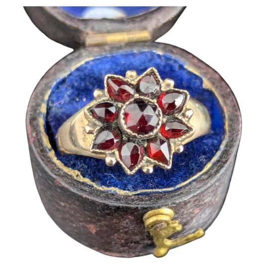 Antique Bohemian Garnet flower ring, 9ct gold, Victorian