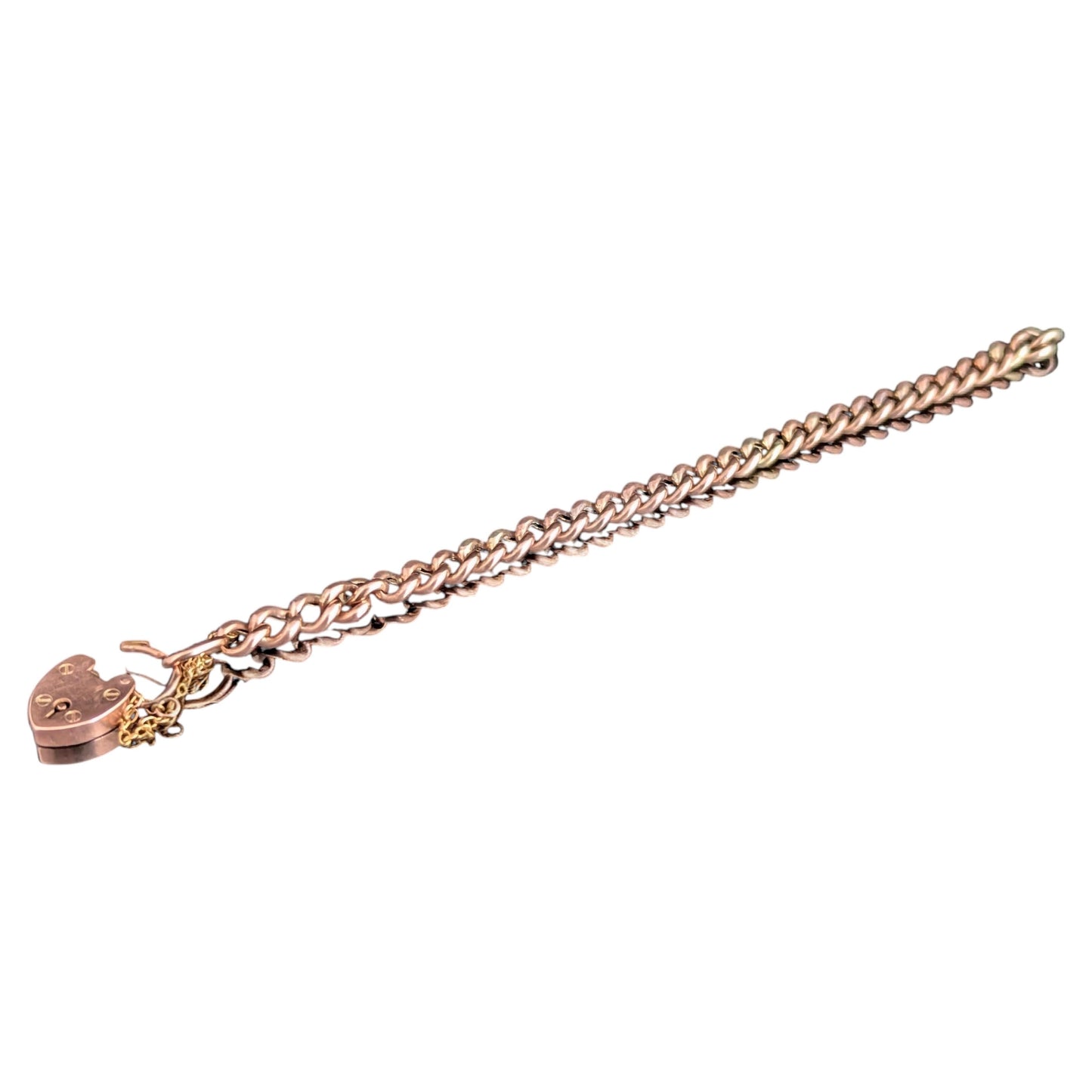Antique 9ct gold curb link bracelet, Heart padlock