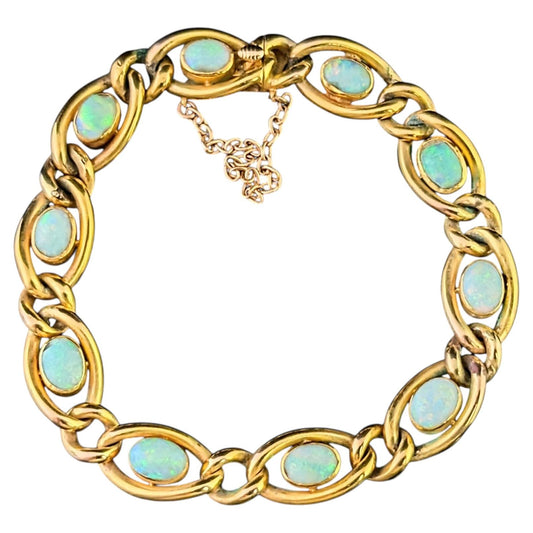 Antique Opal bracelet, 15ct yellow gold curb link chain, Boxed