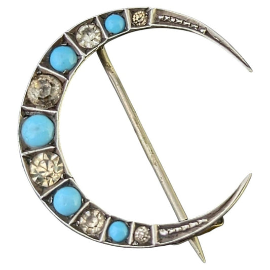 Antique Crescent moon brooch, Turquoise paste, Sterling silver