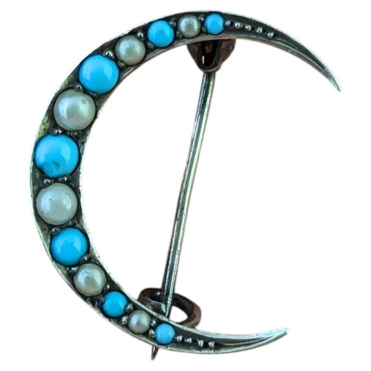 Antique Crescent moon brooch, Turquoise and Pearl, Sterling silver