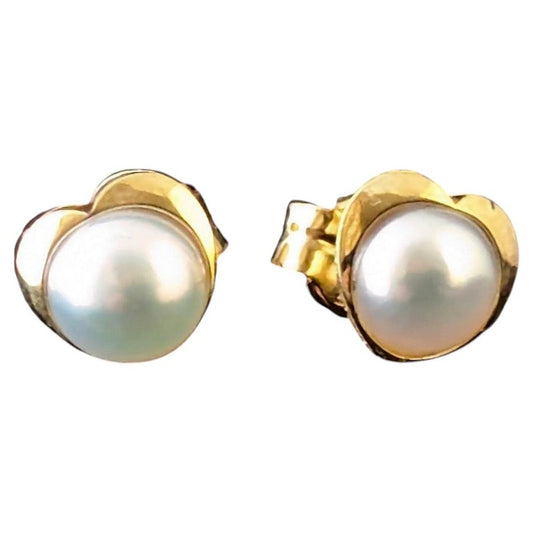 Vintage Pearl love heart stud earrings, 9ct gold