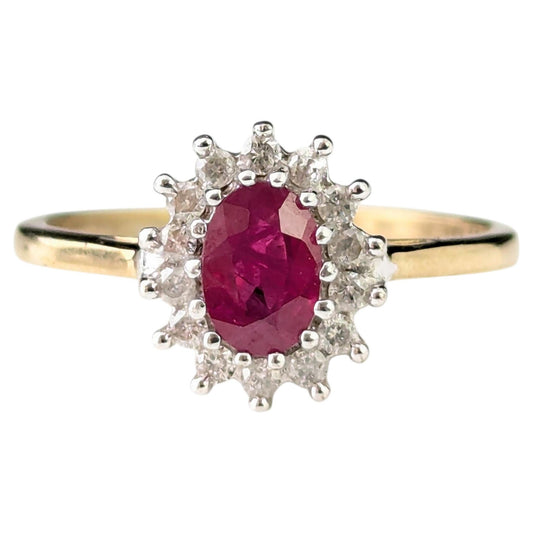 Vintage Ruby and Diamond cluster ring, 9ct gold, Glass filled Ruby
