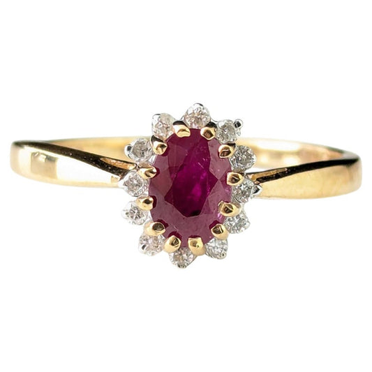 Vintage Ruby and Diamond cluster ring, 9ct gold, Glass filled