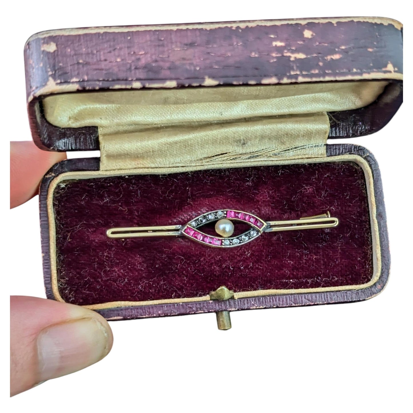 Antique Ruby and Diamond eye brooch, Boxed, 9ct gold