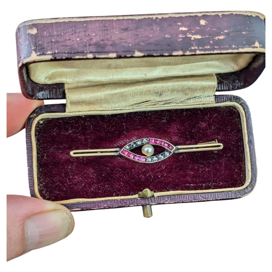 Antique Ruby and Diamond eye brooch, Boxed, 9ct gold
