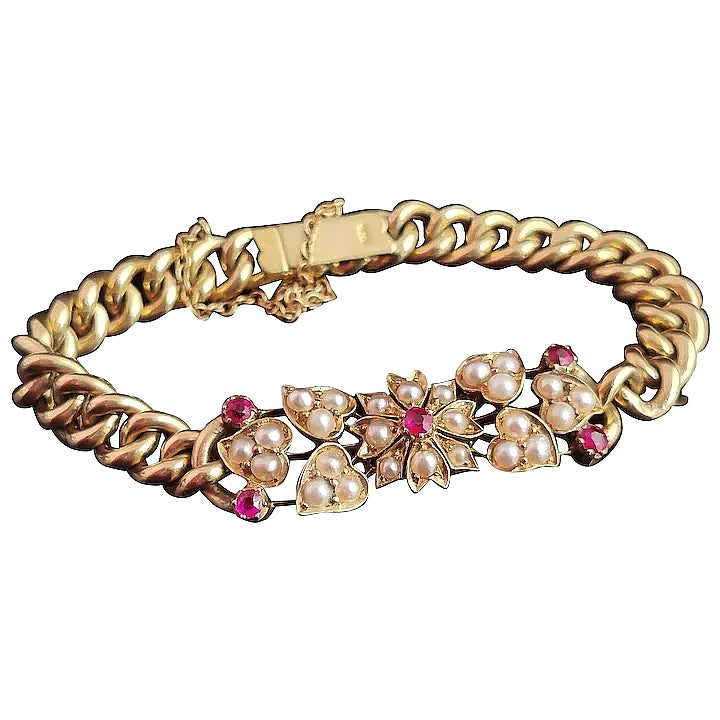 Antique 15ct gold curb bracelet, Ruby and pearl, floral