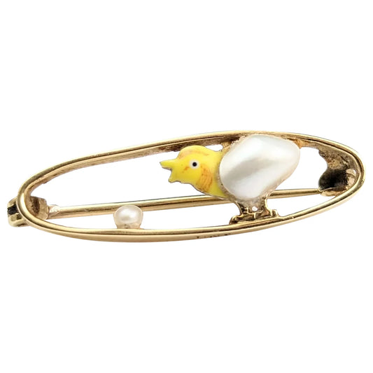 Antique 15ct gold Chick brooch, baroque pearl, enamelled