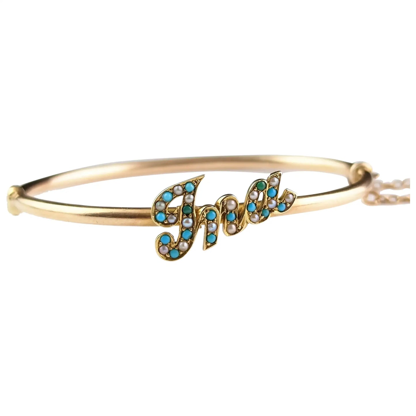 Antique 15ct gold name bangle, Ina, Turquoise and Pearl