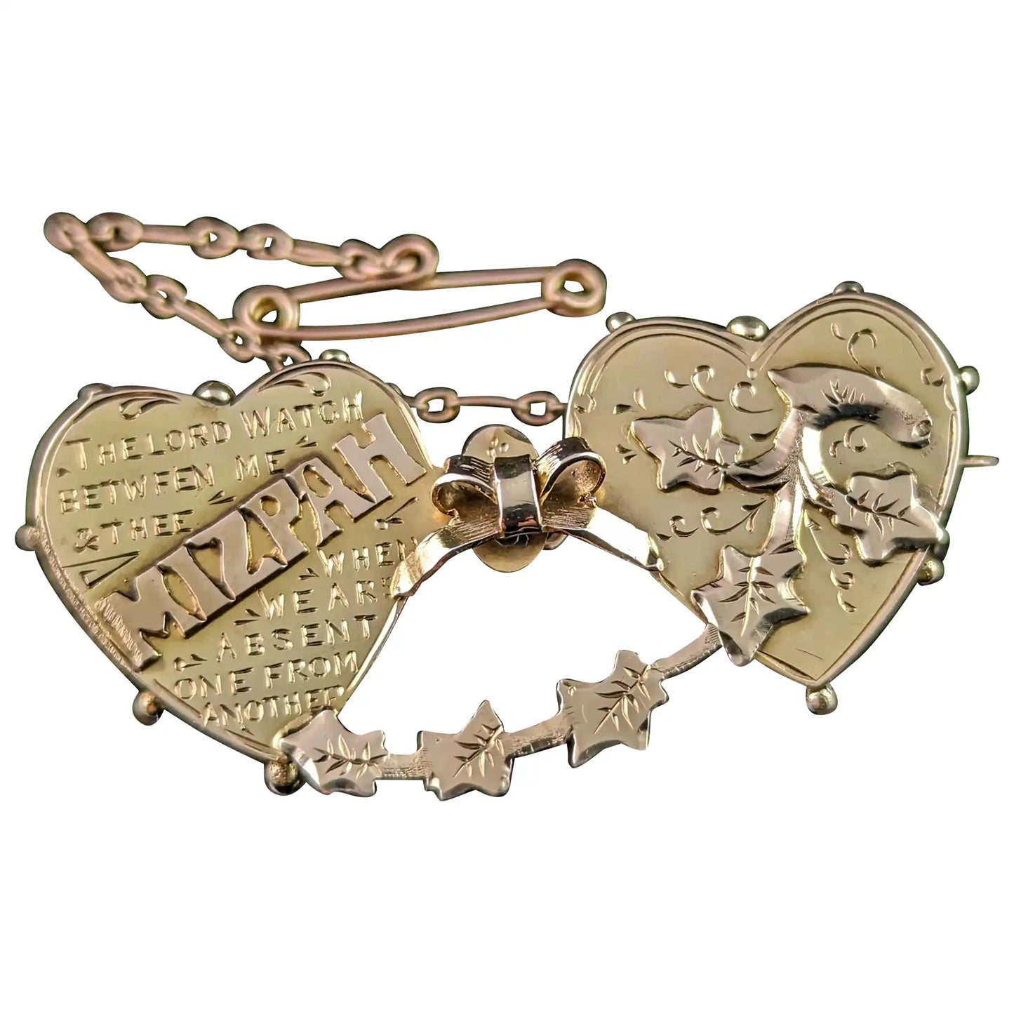 Antique 15ct gold Mizpah brooch, double heart
