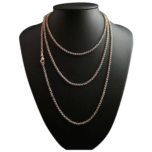 Antique 9ct gold longuard chain necklace, muff chain, rolo link
