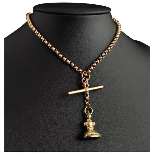 Antique 9ct Rose gold Albert chain, bloodstone seal fob, watch chain