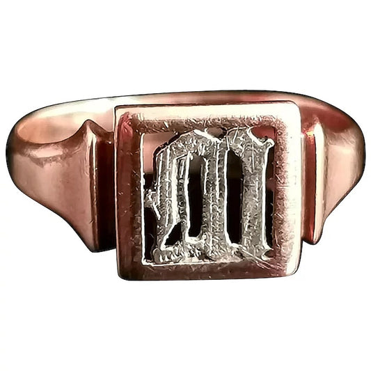 Antique 9ct Rose gold signet ring, Initial M, silver