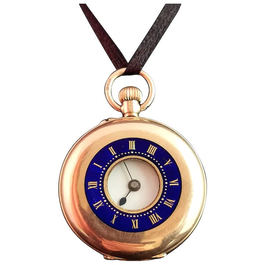 Antique 9ct gold half hunter pocket watch, blue enamel