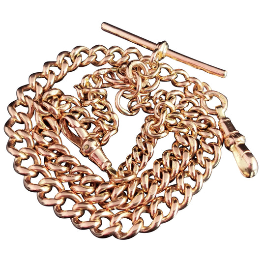 Antique 9ct Rose gold Albert chain, watch chain necklace, Edwardian, heavy