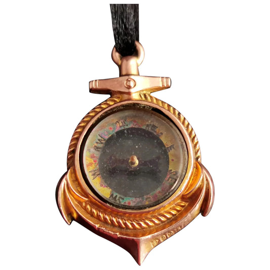 Antique 9ct Rose gold compass pendant, Anchor, Nautical fob