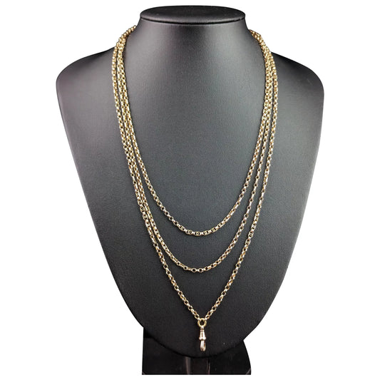 Antique 9ct gold long chain, longuard, muff chain necklace, Victorian
