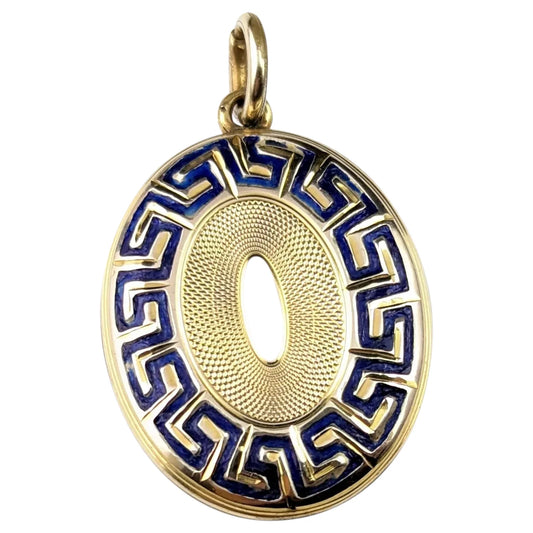 Antique 9ct gold Blue enamel mourning locket, Greek key design