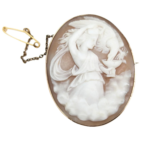 Antique cameo brooch, 9ct gold, Hebe and the Eagle Zeus