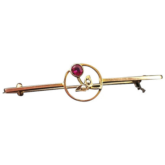 Antique 9ct gold floral bar brooch, Ruby paste and seed pearl, Art nouveau