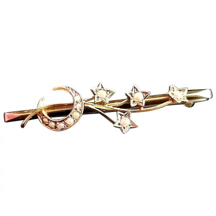 Antique 9ct gold crescent brooch, stars, seed pearl