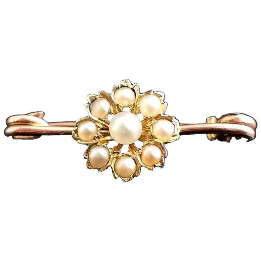 Antique 9ct gold pearl flower brooch, lapel pin, Art Nouveau