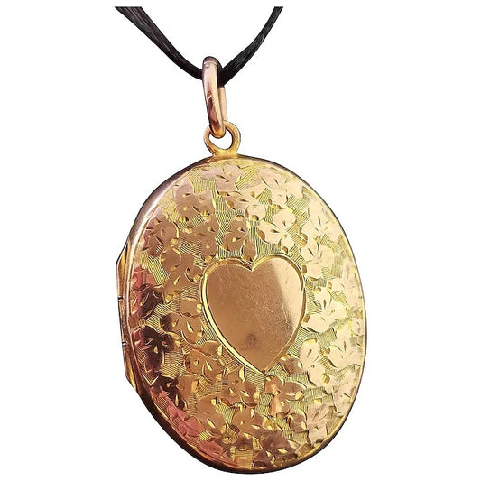 Antique 9ct gold locket pendant, heart, engraved