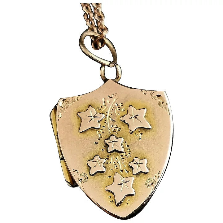 Antique shield locket, 9ct gold, Ivy engraved, necklace
