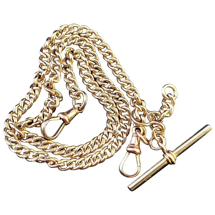 Antique 9ct yellow gold double Albert chain, watch chain, curb link