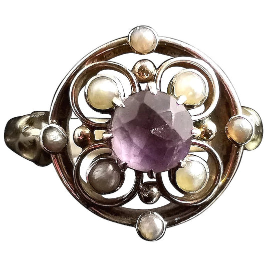 Antique Amethyst and seed pearl ring, 18ct gold, Art Nouveau
