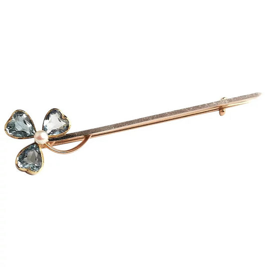 Antique Aquamarine shamrock brooch, 15ct gold and Platinum, seed pearl