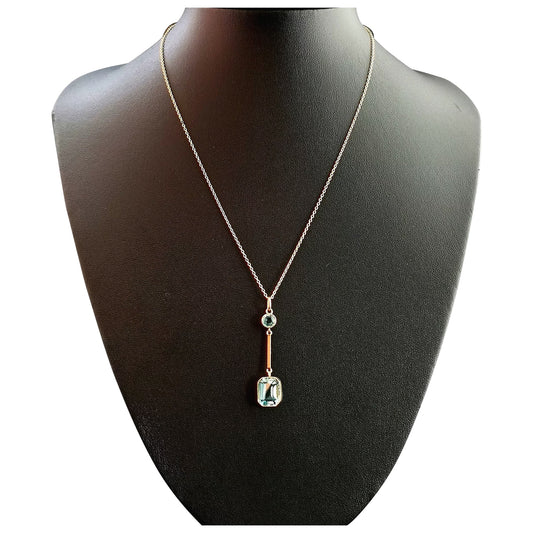 Antique Art Deco Blue Zircon drop pendant, 9ct gold necklace
