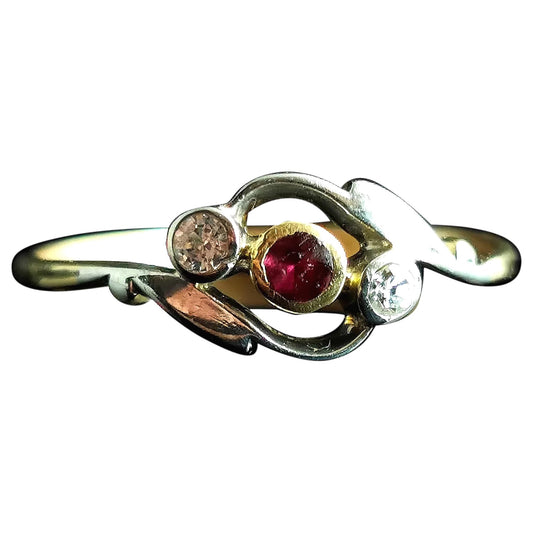 Antique Art Deco Ruby and Diamond Crossover ring, trilogy, 18ct gold and platinum