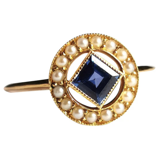 Antique Sapphire and pearl halo ring, 18ct gold, Art Deco