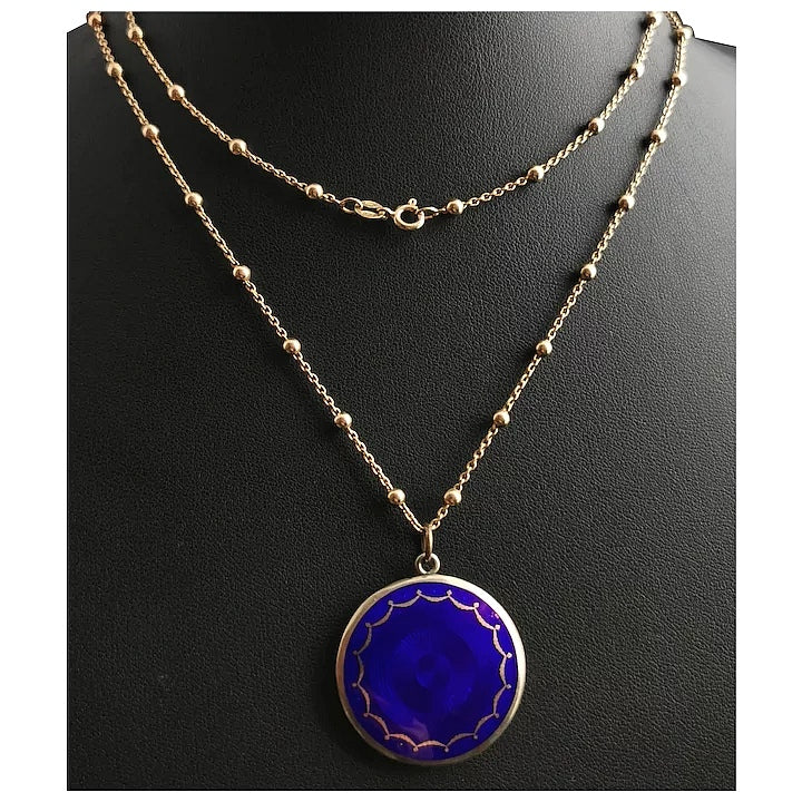 Antique Art Deco Guilloche enamel pendant, cobalt blue, Fancy link necklace
