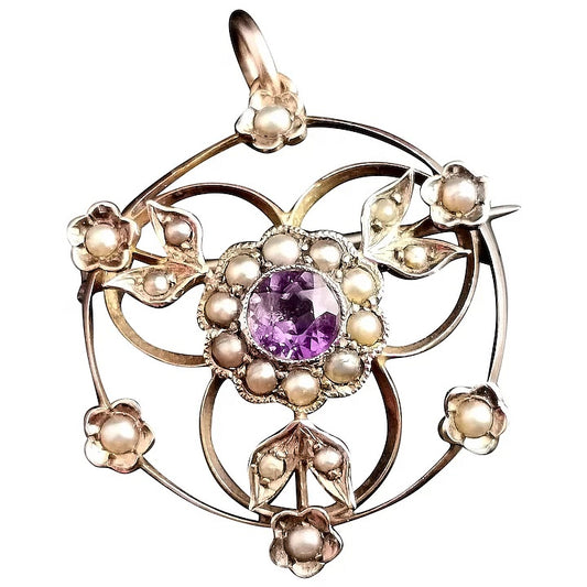 Antique Art Nouveau Amethyst and pearl pendant brooch, floral, 9ct gold