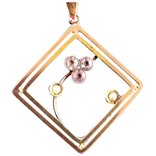 Antique Art Nouveau Amethyst and pearl pendant, 9ct gold, trefoil, floral