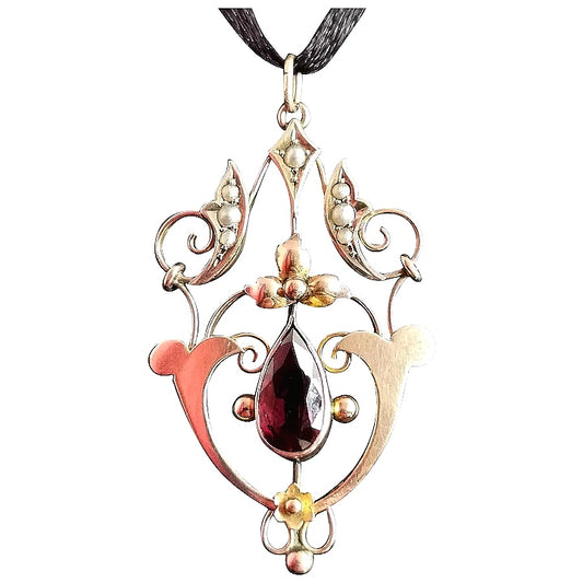 Antique Art Nouveau pendant, 9ct gold, garnet and pearl